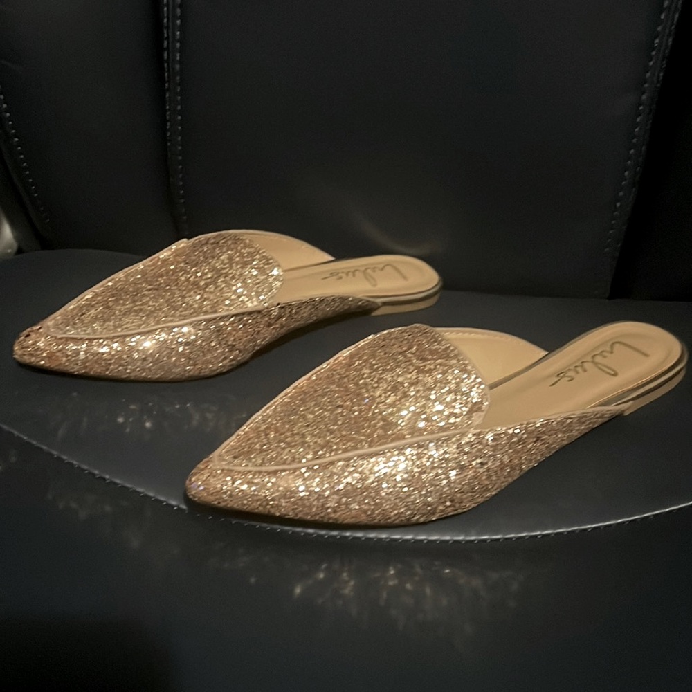 Lulus Joelle Rose Gold Glitter Loafer Slides